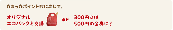 たまったポイント数に応じて、オリジナルエコバックと交換or300円又は500円の金券に！